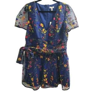 Monique Lhuillier Navy Floral Embroidered Mini Dress NWT